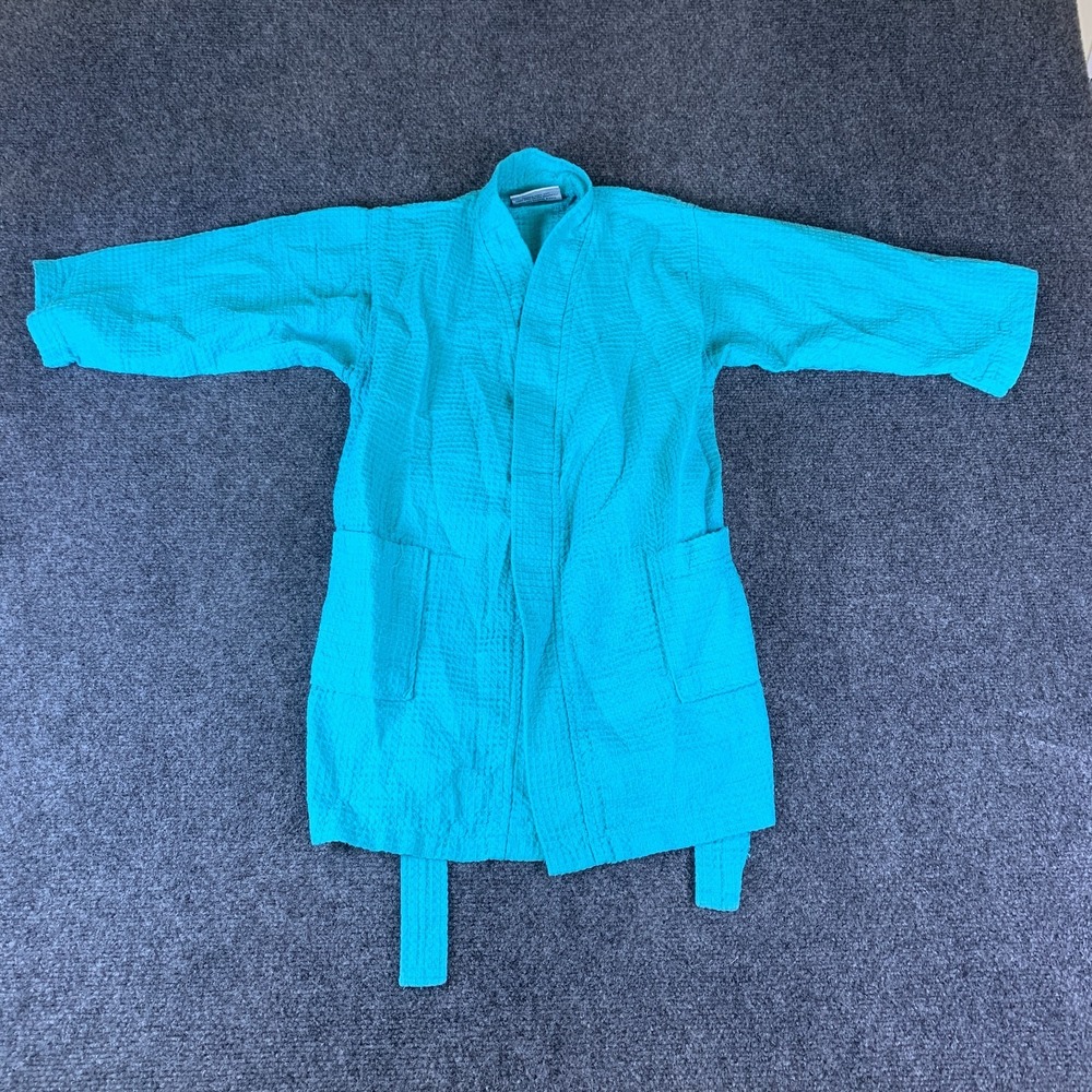 Chakir Linen Bathrobe Womens S/M Aqua Blue Waffle Knit Cotton Tie Waist Pockets